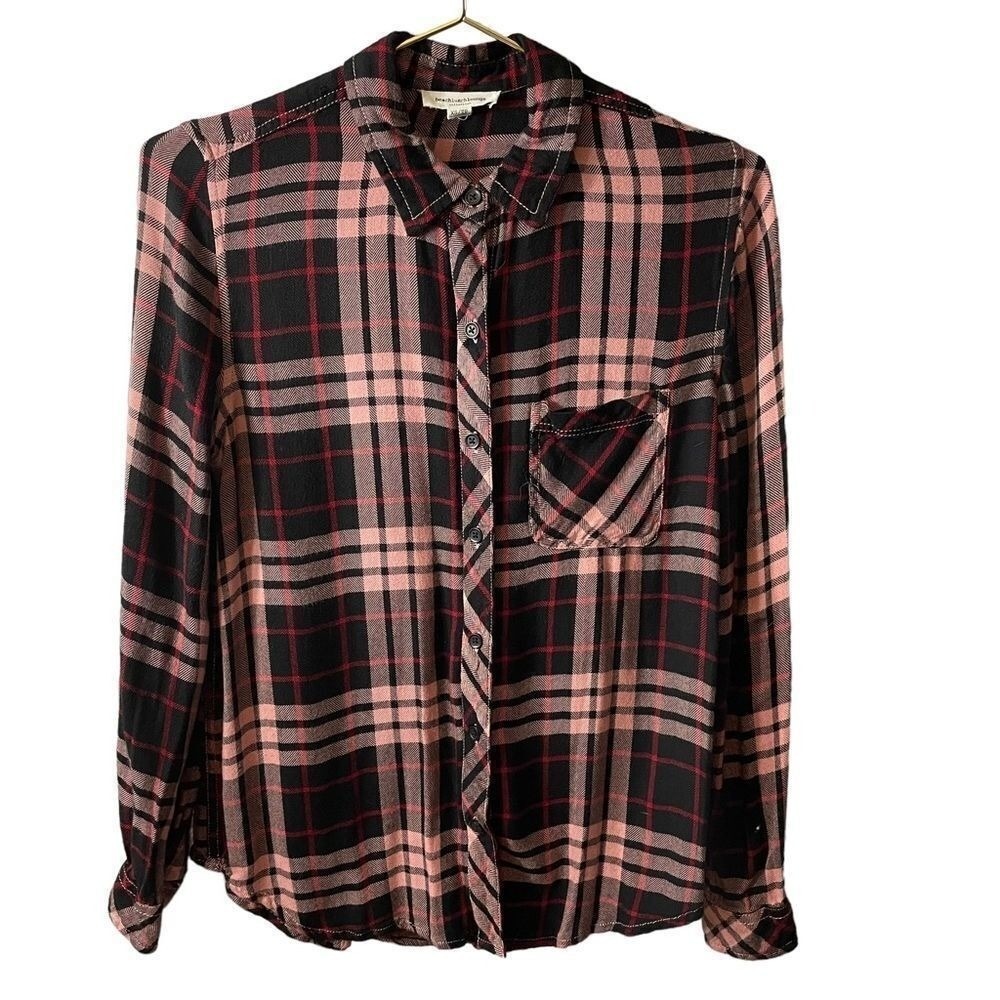 Beachlunchlounge Pink Black Red Plaid Button Down Shirt XS Long Sleeve Pocket
